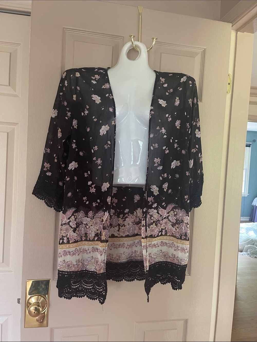 Black Floral Kimono with Lace Trim
